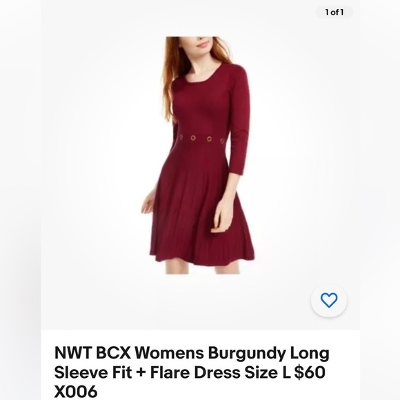 BCX,Dress ,NWT knit,rib,pleats,grommets,Burgundy,fit&Flare vtg,Y2K Large - Picture 7 of 12